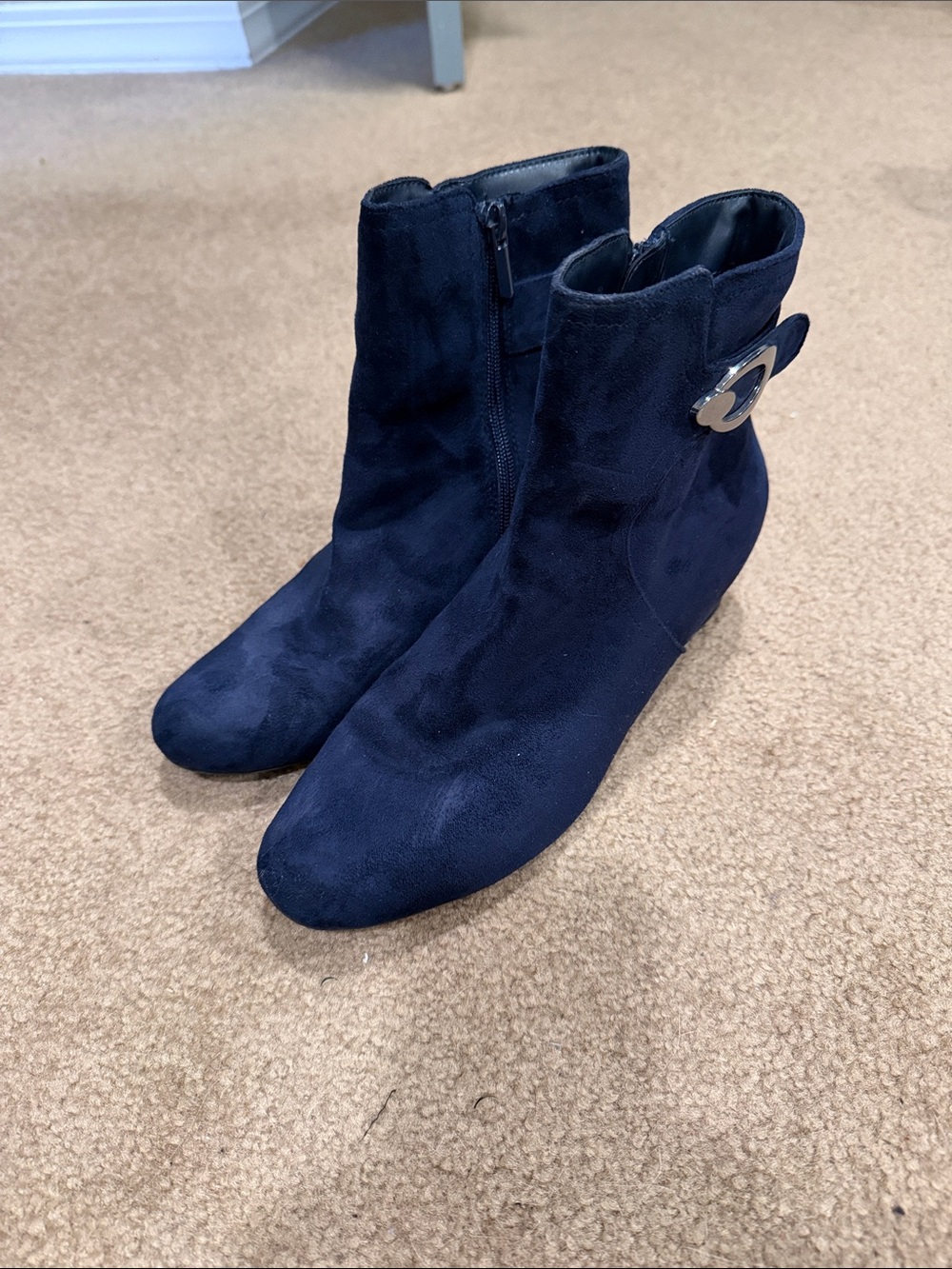Impo Navy Suede Ankle Boots with Decorative Side Buckle